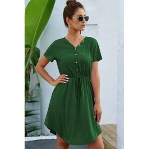 Supreme Fashion Button Down Jersey Dress Womens Large Green V Neck Casual Chic